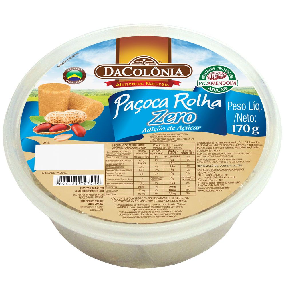 Paçoca Rolha Sem Adição de Açúcar DaColônia 170g