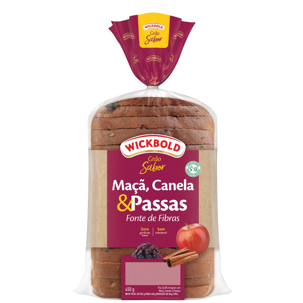 Pão Integral Maça Canela e Passas Grão Sabor Wickbold 450g