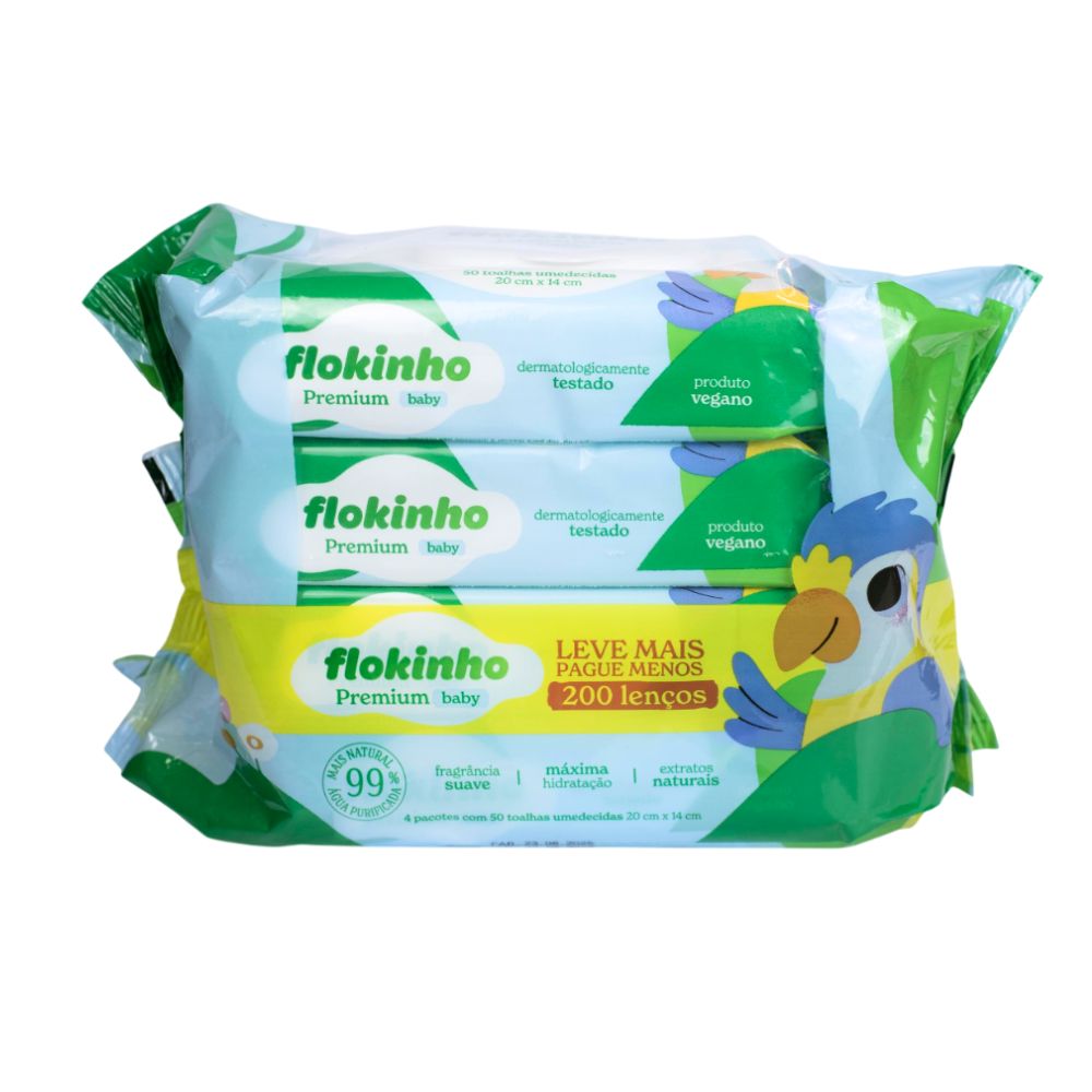 Kit Toalha Umedecida Premium Baby Flokinho com 200 Lenços