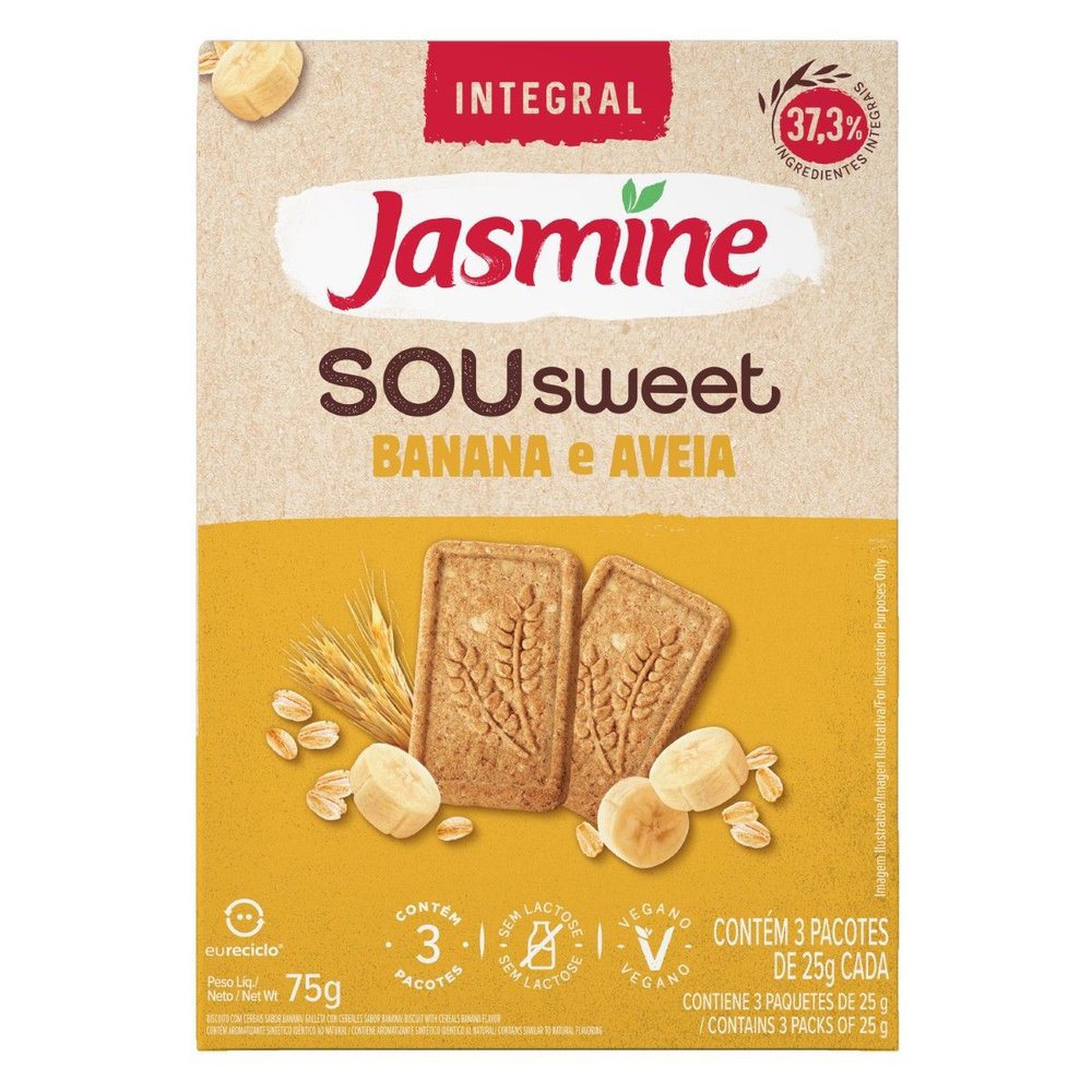 Biscoito Vegano Integral Banana e Aveia Jasmine Sou Sweet 75g
