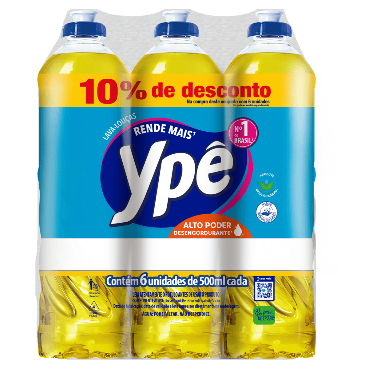 Kit com 6 Detergentes Líquido Neutro Ypê 500ml com 10% de Desconto