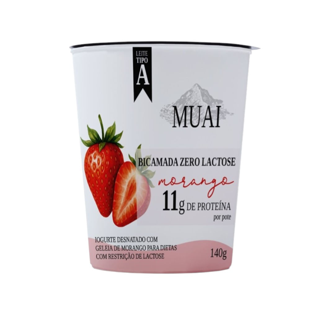 Iogurte Desnatado Morango 11g de Proteínas Sem Lactose Muai 140g