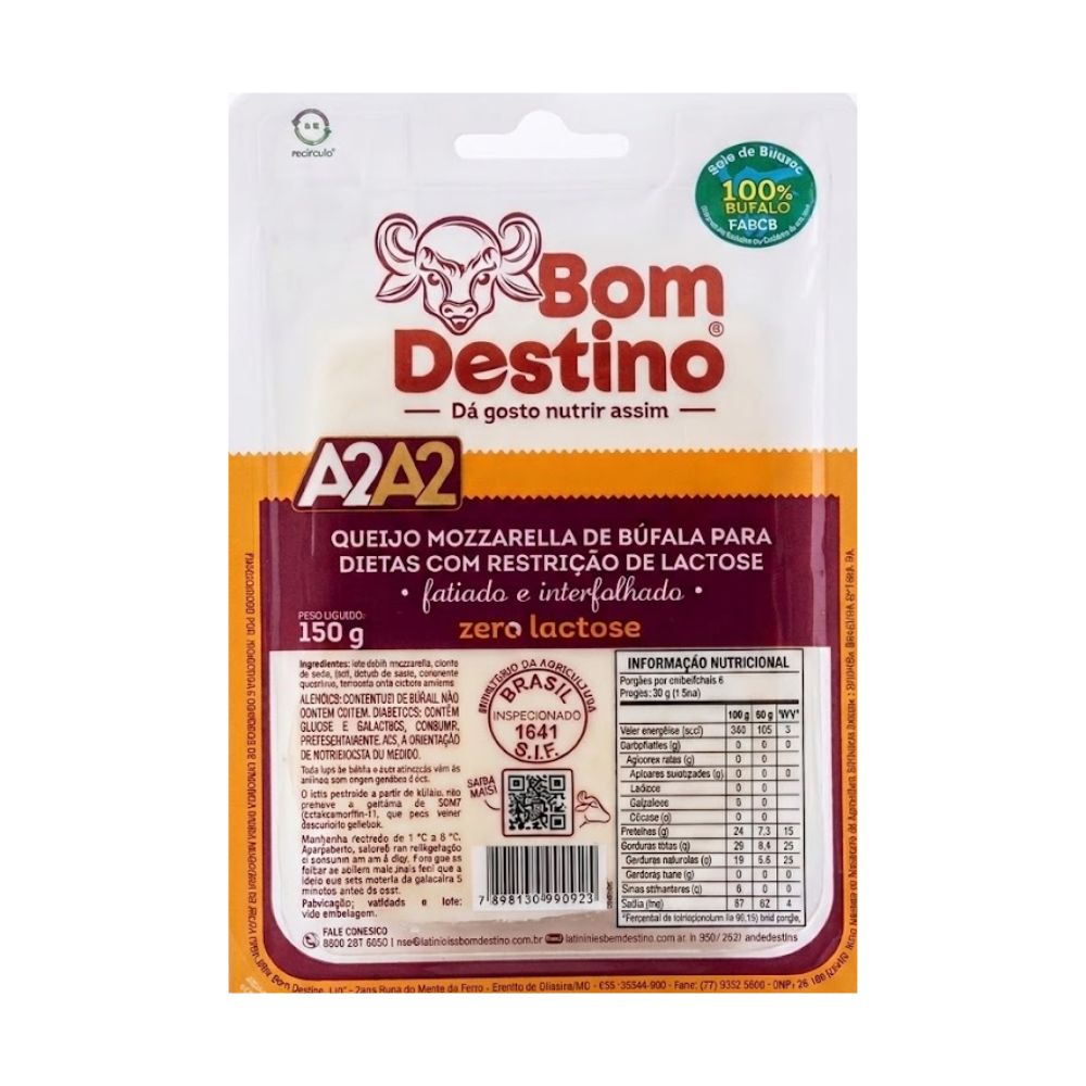 Queijo Mussarela de Búfala Fatiado Sem Lactose Bom Destino 150g