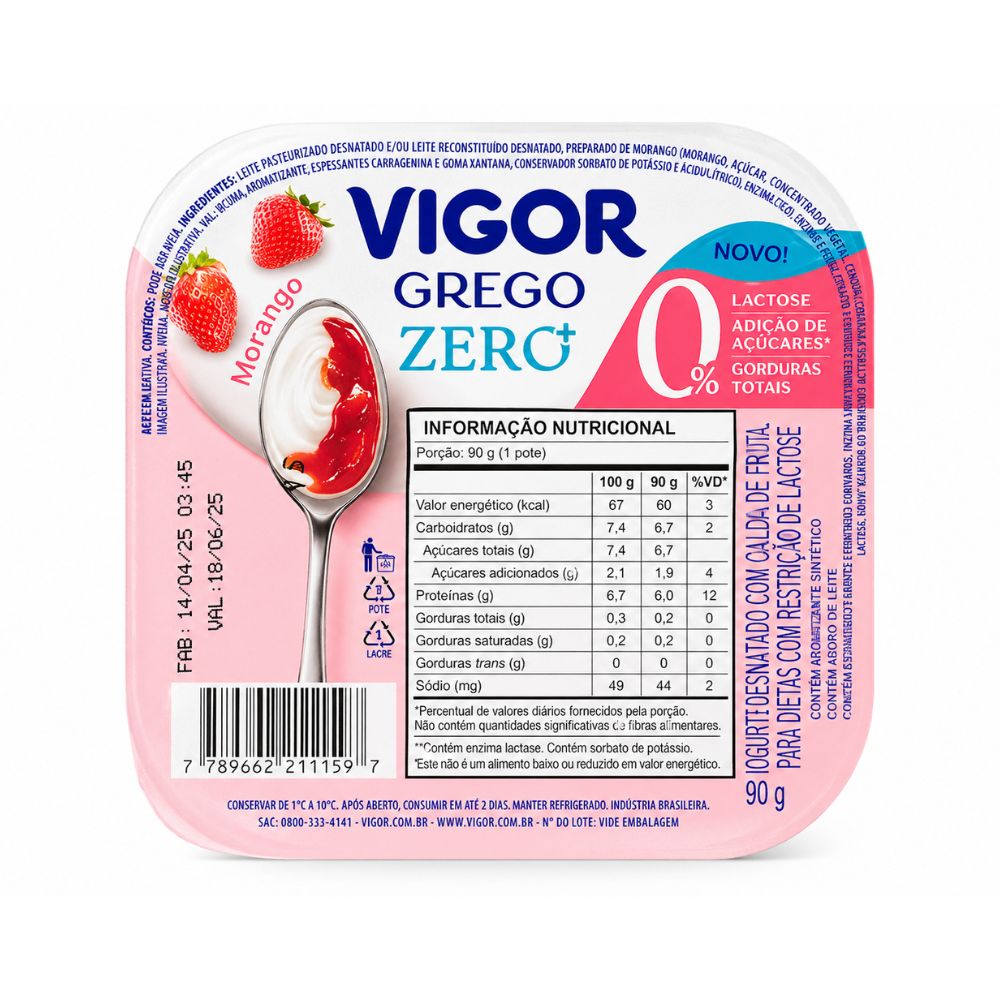 Iogurte Desnatado Grego Calda Morango Vigor 90g
