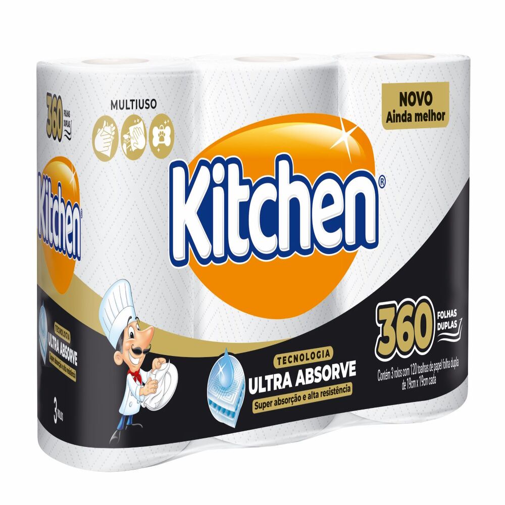 Toalha de Papel 360 Folhas Duplas Kitchen com 3 Unidades